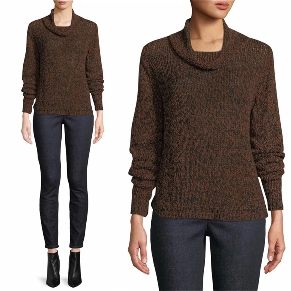 Eileen Fisher Organic Cotton Funnel Neck Sweater XL Brown Chunky Knit Pullover